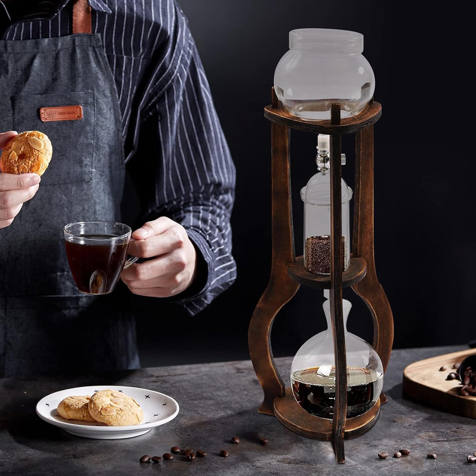 Kawiarka Przelewowa Do Kawy Mrożonej Cold Brew, Ręczny Ekspres Do Kawy Na 6–8 Filiżanek Z Regulowanym Zaworem, Solidna Drewniana Rama, Gęsty Filtr, Szkło Borokrzemianowe Do Użytku Domowego