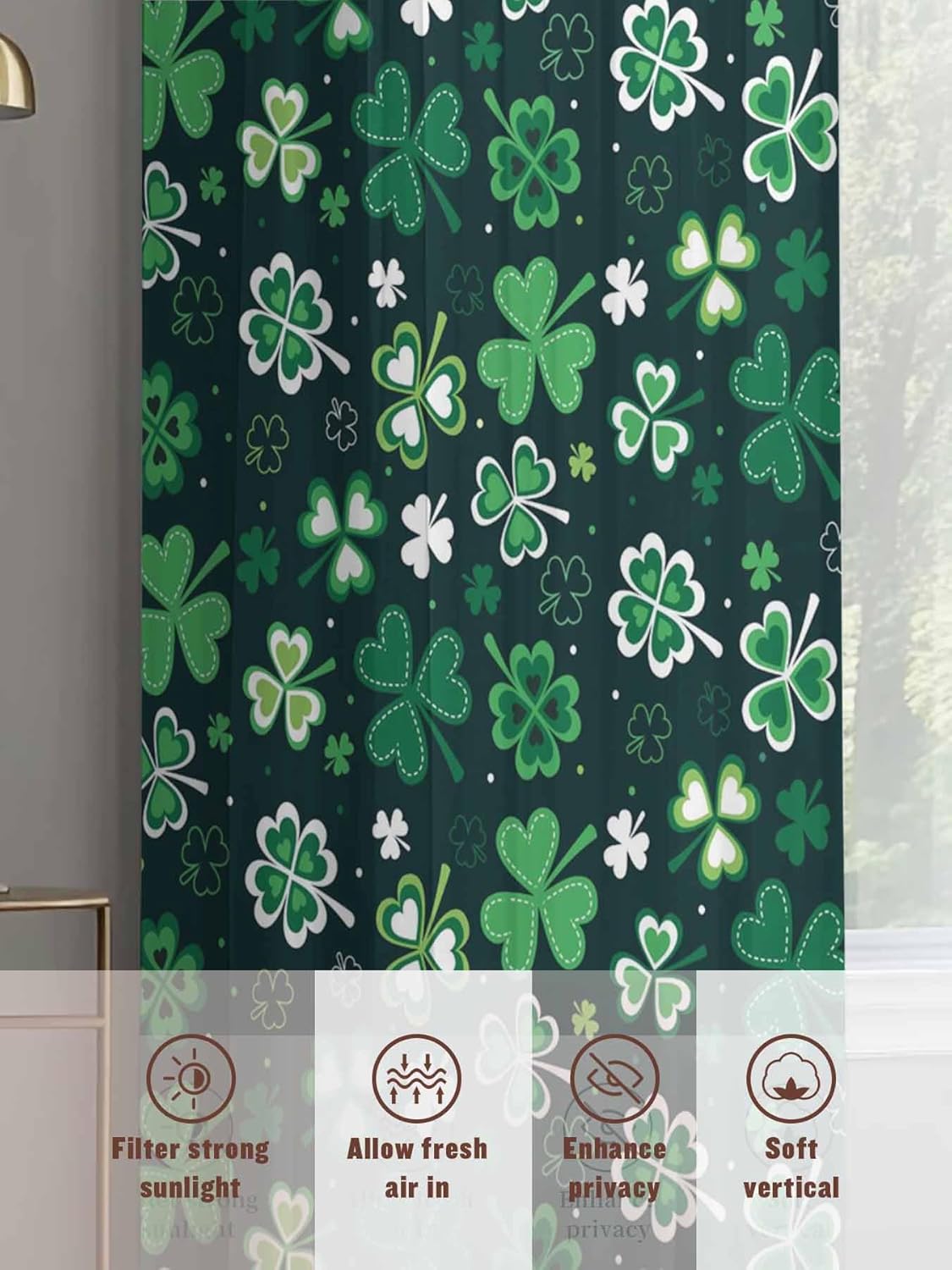 St. Patrick's Day Sheer Curtains 63 Inches Long 2 Panels, Spring Green Plant Shamrock Fantasy Rod Pocket Window Sheer Curtain Voile Drapes for St. Patrick's Day Party, 52''x63''