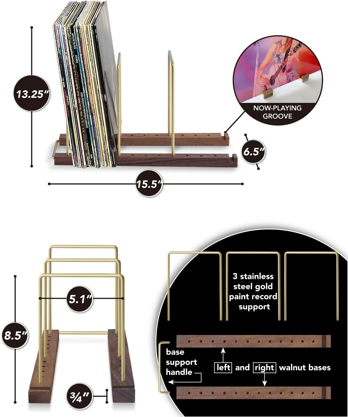 Woodronic Vinyl Record Storage Stand for 75 LPs, Upgraded 6mm Thick Steel Dividers, Solid Walnut Record Holder for Display, Durable Modern Album Storage for Home Decor, Gift for Music Lovers