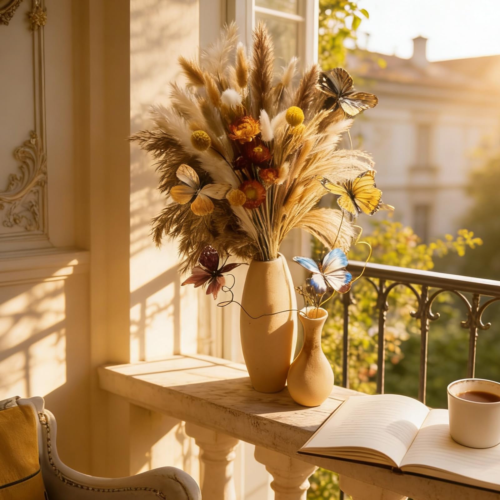 Trockenblumenstrauß: Pampasgras Boho-Dekor, westliches Blumenarrangement enthält Hasenschwanz, Schilfgras und Schmetterlinge für Zuhause, Vase, stimmungsvolles Büro, Hochzeit, Schlafzimmer