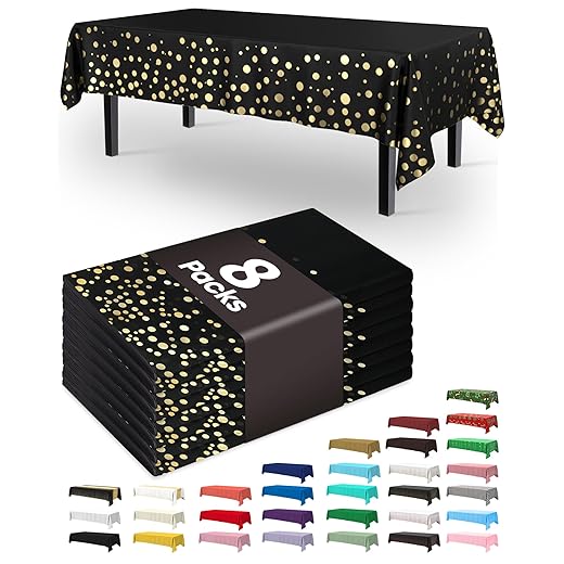 Pureegg Plastic Table Cloth Disposable 8 Pack, 54 x 108 Inch Table Cloths, Graduation Decorations Class of 2026, Graduation Tablecloths, Rectangle, Plastic Cover, Leakproof & Sturdy, Black and Gold