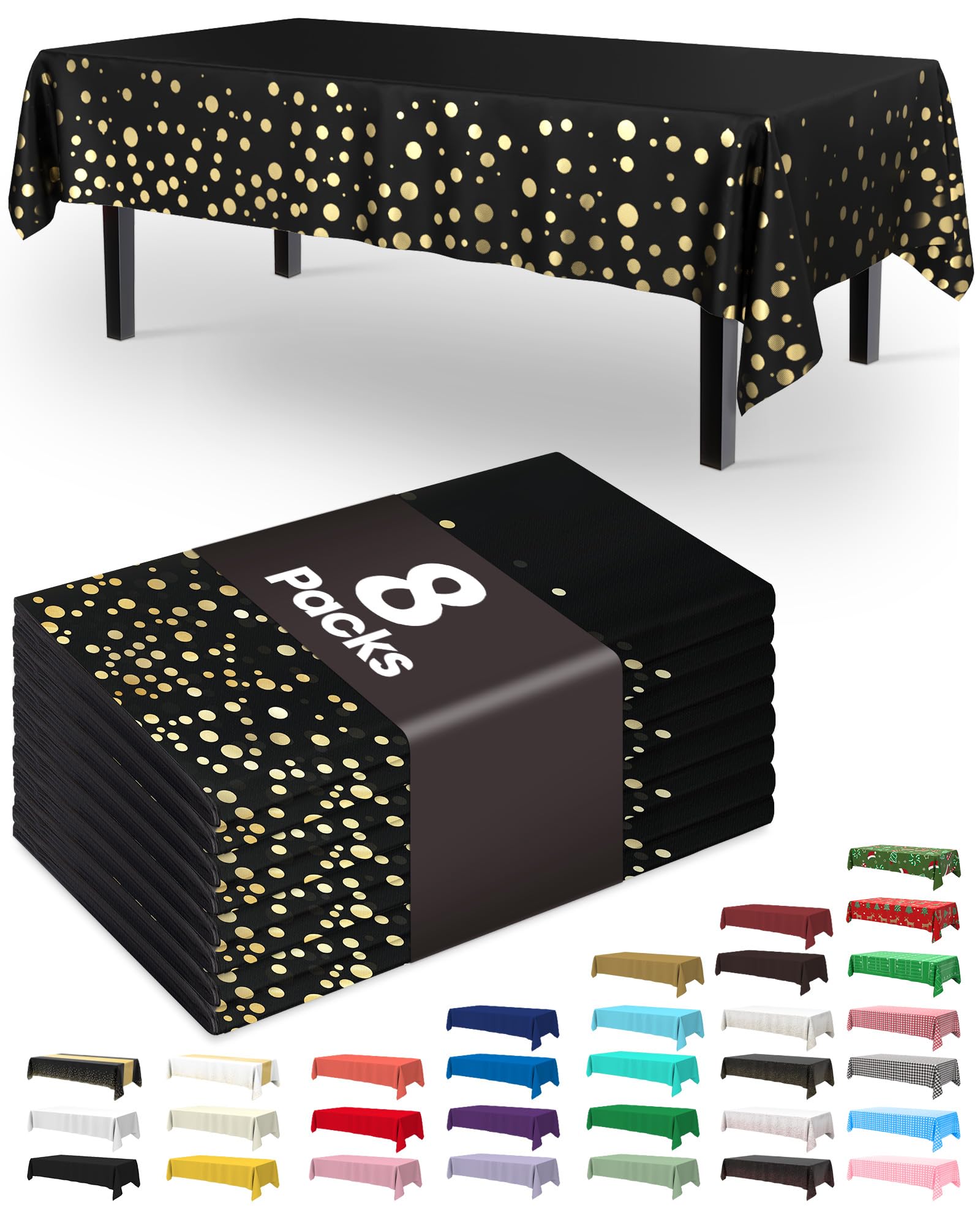 Pureegg Plastic Table Cloth Disposable 8 Pack, 54 x 108 Inch Table Cloths, Graduation Decorations Class of 2026, Graduation Tablecloths, Rectangle, Plastic Cover, Leakproof &amp; Sturdy, Black and Gold