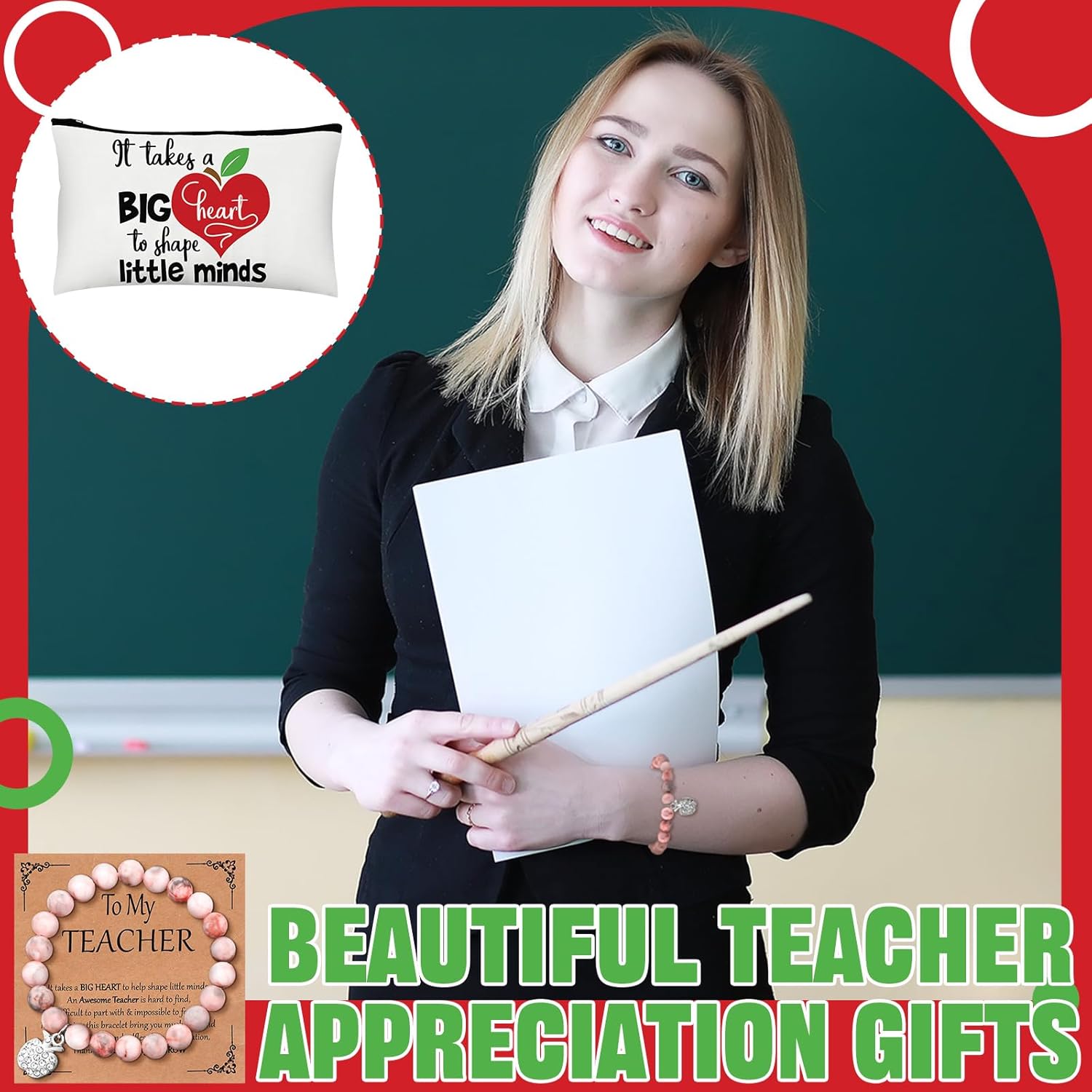 Tondiamo 6 Sets/18 Pcs Valentine's Day Teacher Appreciation Gifts for Women Valentine Gift for Teachers Include 6 Natural Stone Bracelets 6 Cards 6 Canvas Makeup Bags Thank You Gifts from Student - Image 5