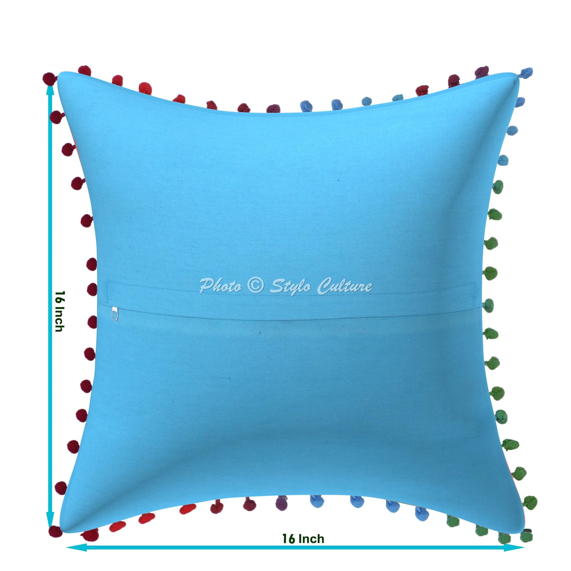 Ethnisch Dekorativ Baumwolle Sofa Kissenbezüge 40x40 cm Türkis Dekokissen Suzani Bestickte Pom-Pom-Spitze Wohnzimmer Couch Kissenhullen Blumen Quadrat Kissen Bezüge - 4 STK.