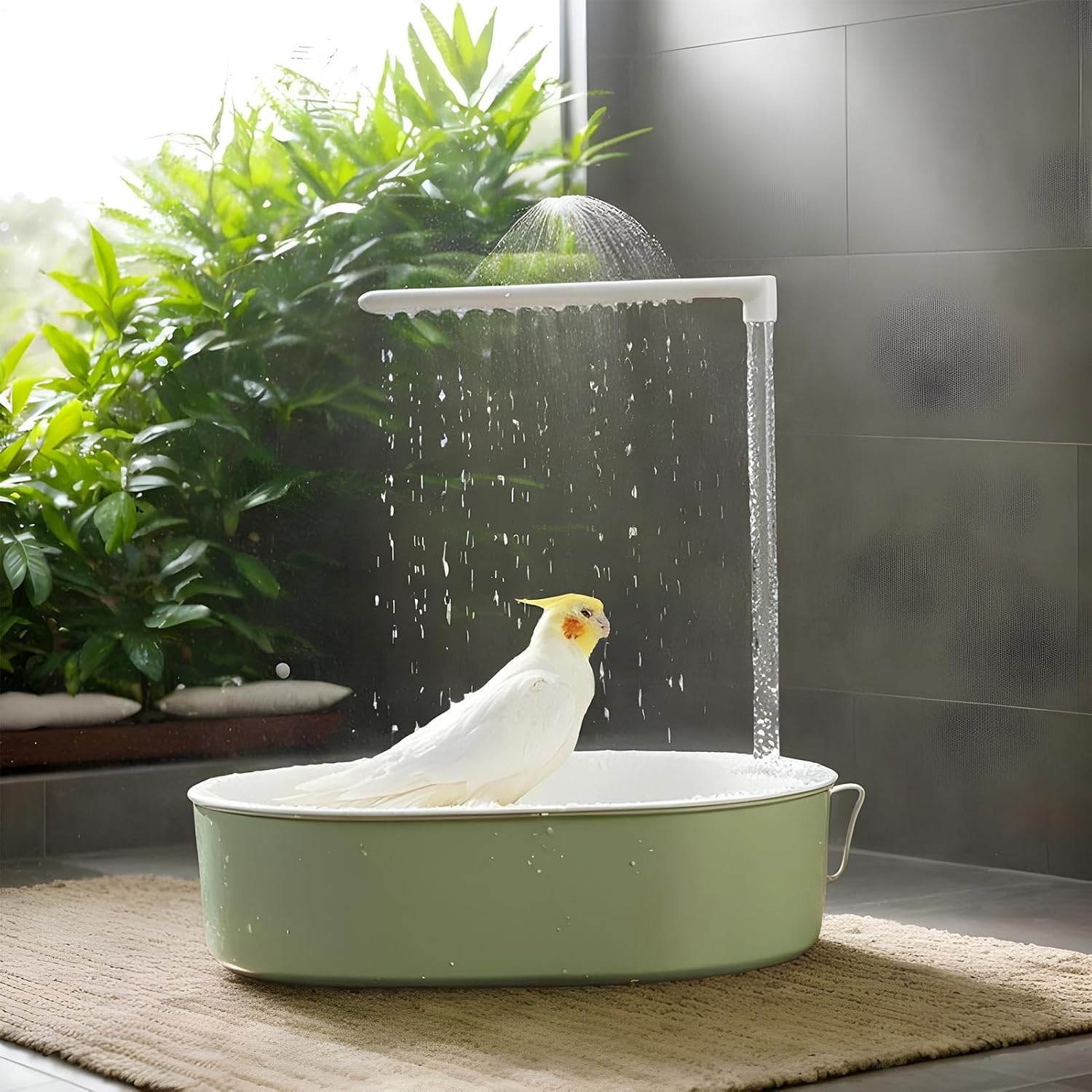 Automatic Bird Bath - Conure Waterer Spray with Pump and Running Water | USB Powered Parakeet Bath for Cockatiel, Small and Medium Birds, Outdoor, Indoor, Balcony, Patio, Pet Bird Hygiene