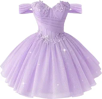 XYAYE Short Homecoming Dresses for Teens Pleated Tulle Off Shoulder Dress with Corset and 3D Flower Lace