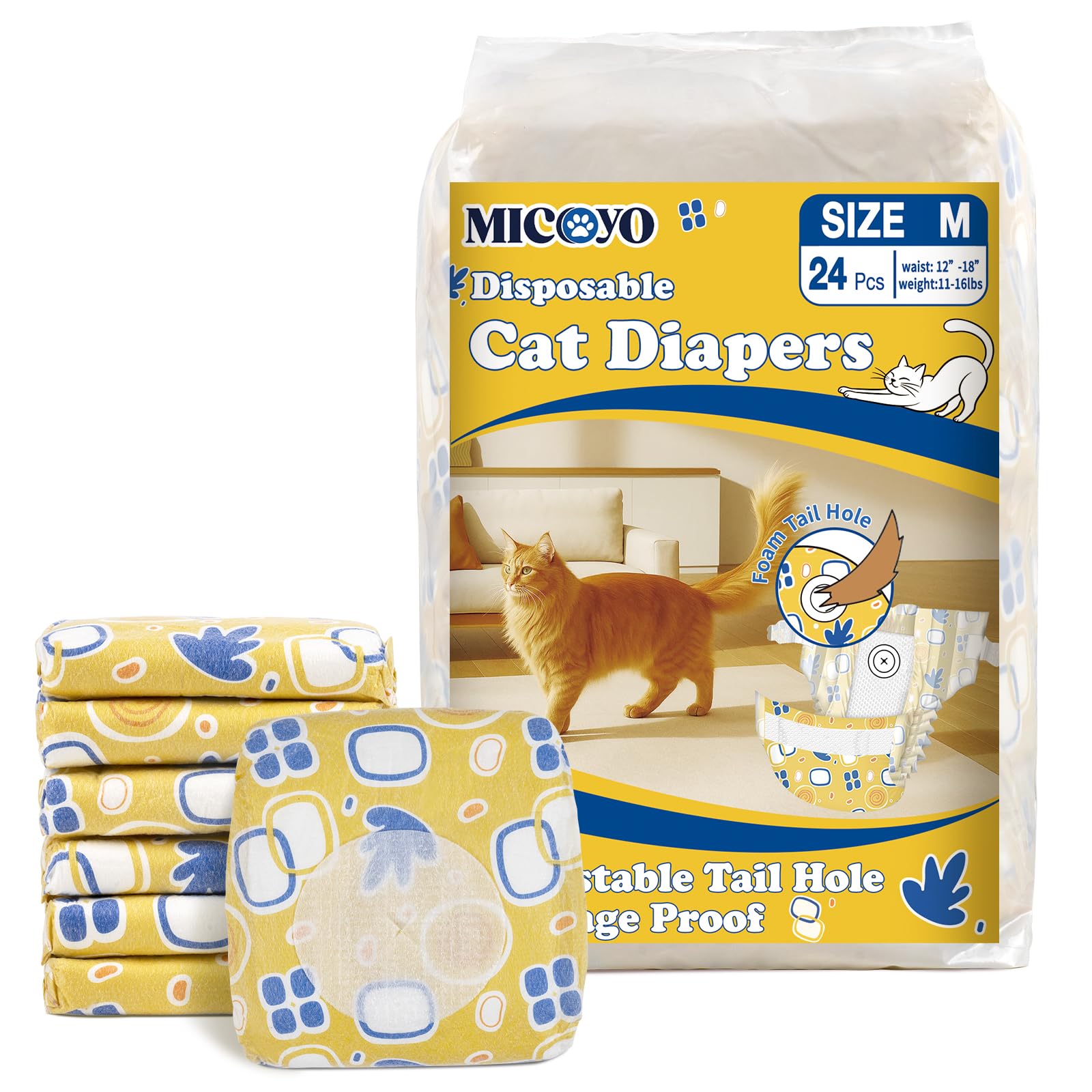 MICOOYO Disposable Cat Nappies,Super Absorbent Diapers for Cats puppy dogs,Cat diapers for Incontinent cats female, (M, Count, 24)