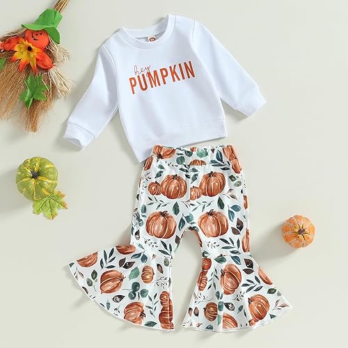 Miniatura 4 de Conjunto de sudadera con cuello redondo y estampado de pastel de calabaza para niña, camiseta y pantalones acampanados