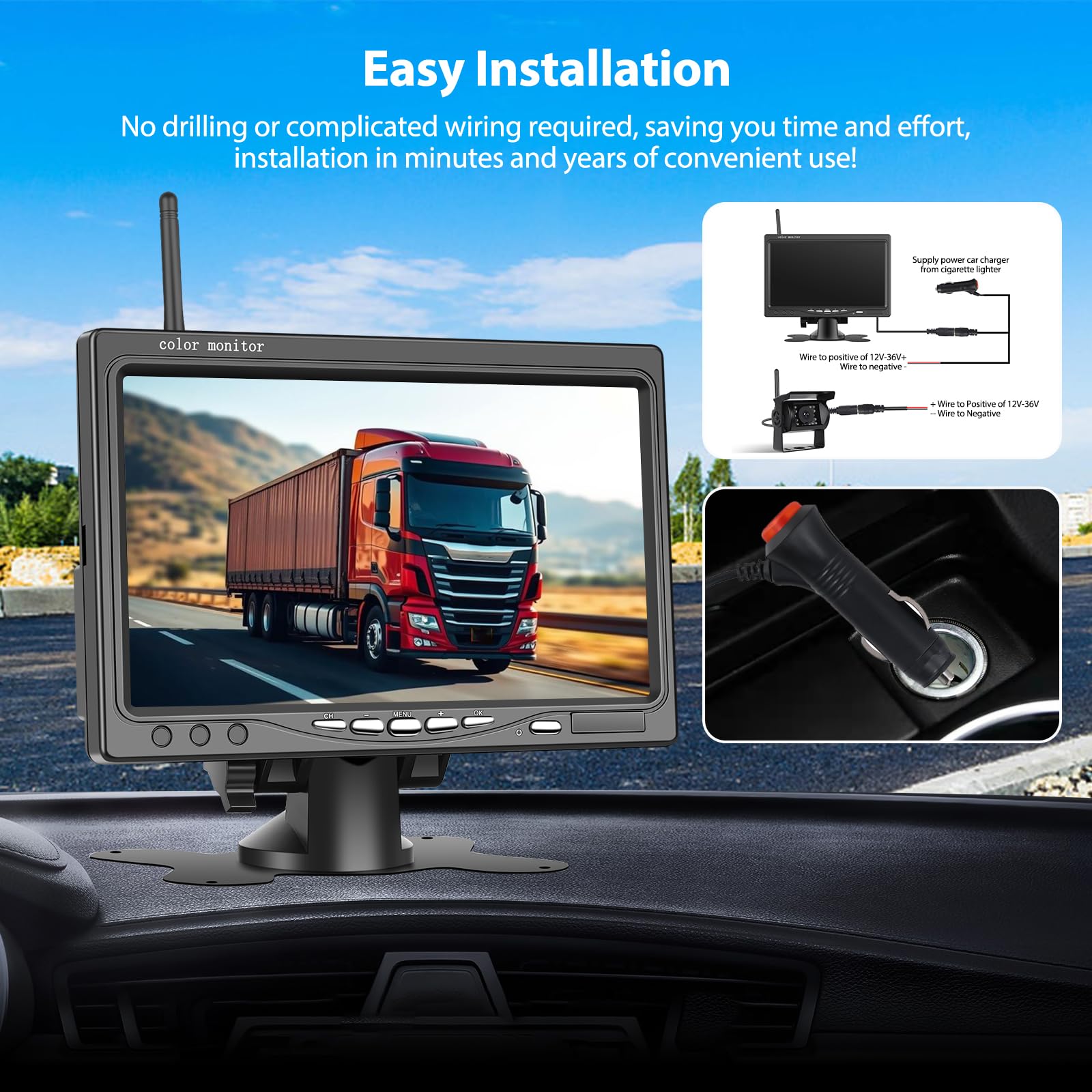 Cámara de reversa inalámbrica Motorsi de 7 Pulgadas, Pantalla HD 1080P, visión Nocturna e Impermeable IP68, Sistema de reversa para Autos, SUV, Furgonetas, camionetas y Camiones, visión Trasera BSD