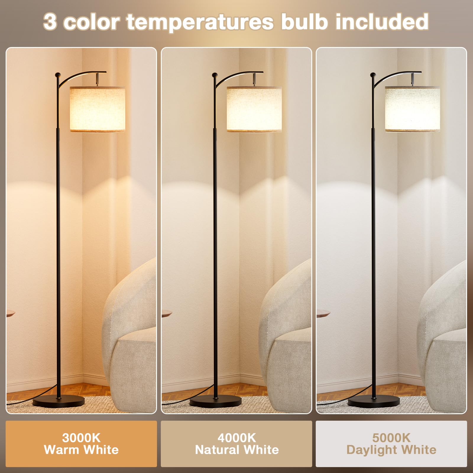 Stehlampe Wohnzimmer, Moderne Stehleuchte mit 3 Farbtemperaturen, LED Standleuchte Hoch mit Verstellbarem Leinenschirm, Stehlampe Vintage für Wohnzimmer Schlafzimmer Büro (Birne Enthalten)