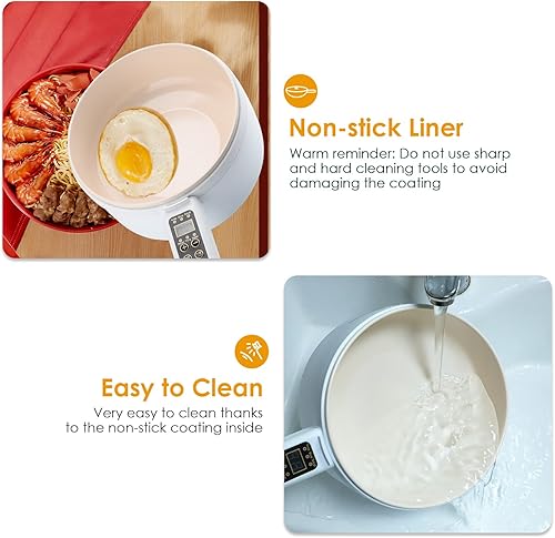 Miniatura 5 de Olla caliente eléctrica, vaporizador eléctrico de 1.8L, sartén antiadherente multifuncional, adecuado para ramen, filete, huevo, arroz, avena, botón