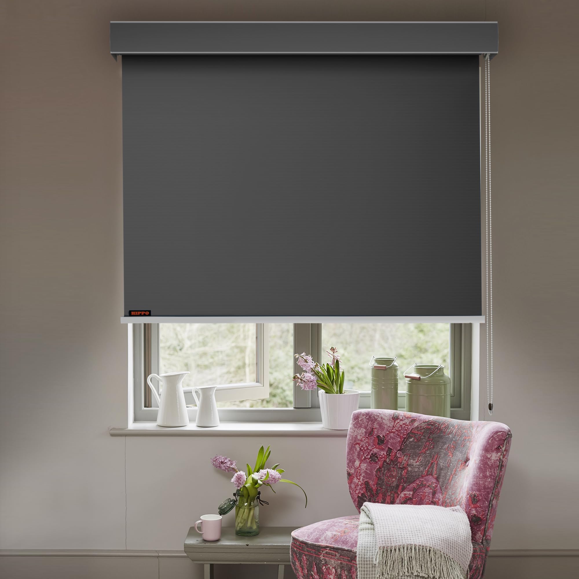 - HIPPO 100% Blackout Roller Blinds for Windows UV Protection, Waterproof, Room Darkening, Corded Roll Up and Down Blinds for Home & Office Customizable (4FTX5FT, Dark-Grey) Polyester