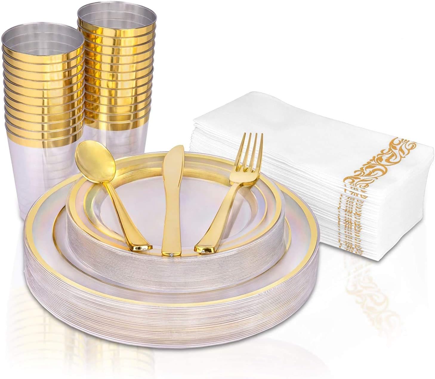 FETE Disposable Dinnerware Set – 175 Pack of Heavy-Duty Plastic Party Plates, Cups, Napkins, Forks, Spoons and Knives – Decorative Tableware for Parties, Weddings, and Anniversaries – gold lines