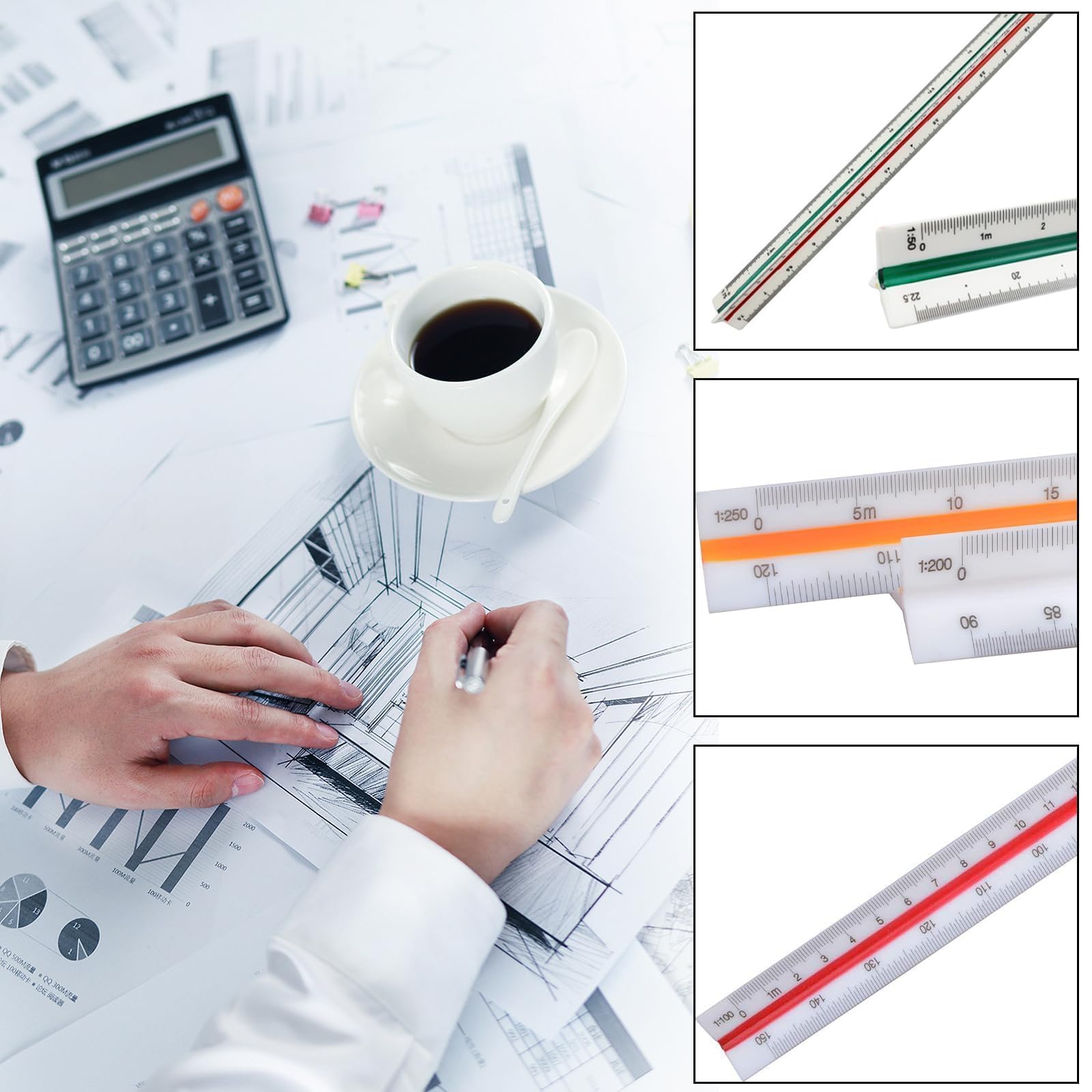 Profesional 2 Piezas Escalímetro de Precisión 30 cm Regla Métrica Triangular para Arquitectos Ingenieros1:20 1:25 1:50 1:75 1:100 1:125/1:100 1:200 1:250 1:300 1:400 1:500 (PVC)
