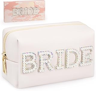 BRIDE Preppy Makeup Bag with Gift Box, Bride Cosmetic Bag for Bridesmaid Engagement, Purse Bridal Shower, Bridal Beauty Prep, Wedding Day