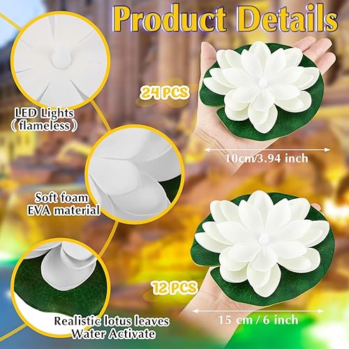 Miniatura 2 de Liliful 36 luces flotantes de loto, flores flotantes artificiales realistas para piscina con luces LED, almohadillas de lirio a pilas, faroles de