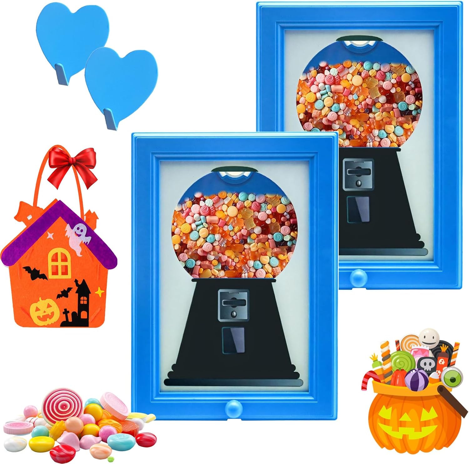 2025 New Candy Dispenser Picture Frame, 2-in-1 Wall Mounted Handy Candy Frame, Vintage Gumball Machine Picture Frame, for Candies, Nuts, Dog & Cat Treats, Hang on Wall (Blue*2)