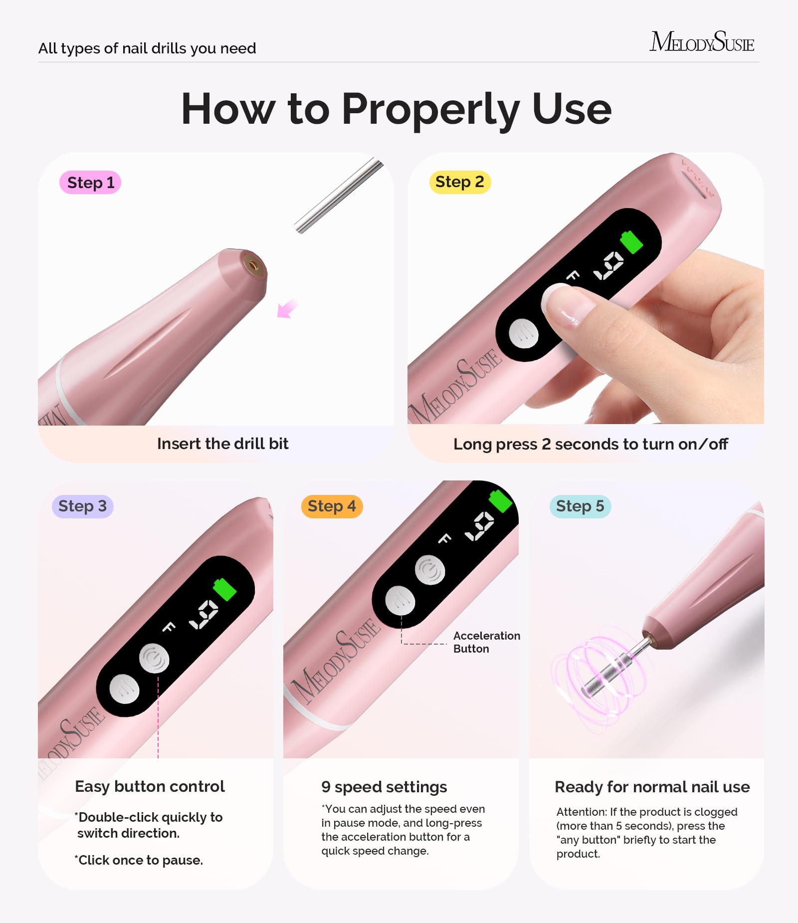 MelodySusie PC90G Ponceuse pour Ongles, Ponceuse Ongle Rechargeable 20000 tr/min, Lime à Ongle Electrique Sans Fil avec affichage LED, Portable Kit de Manucure Pédicure (Rose)