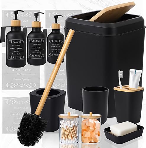 Miniatura 7 de XLHOMO Juego de accesorios de baño blanco de 19 piezas, juego de baño con basura, dispensador de jabón de loción de 17 onzas sin taladros, montado