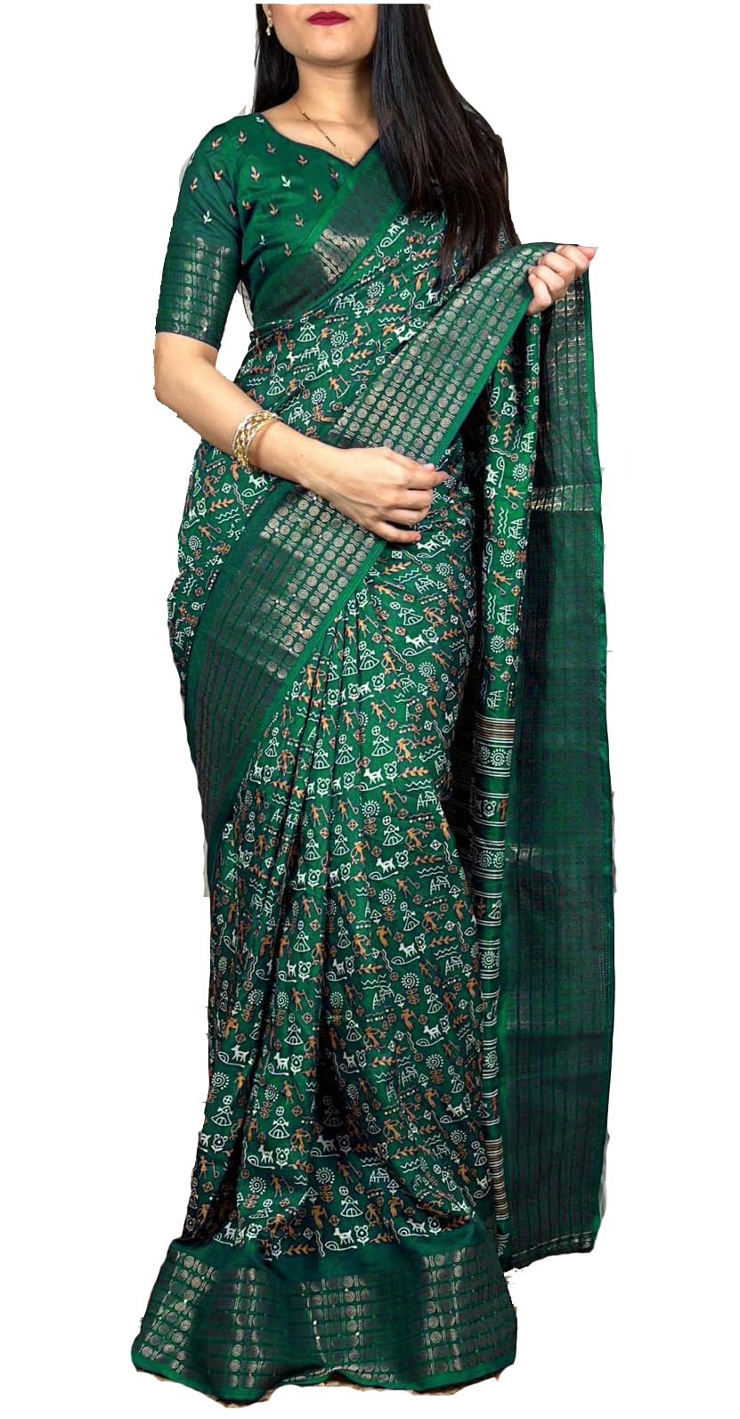 Dola Silk Warli kalamkari Print Sequin Saree With Sequence Work Border With Attach Unstitch Blouse Piece.-image-8