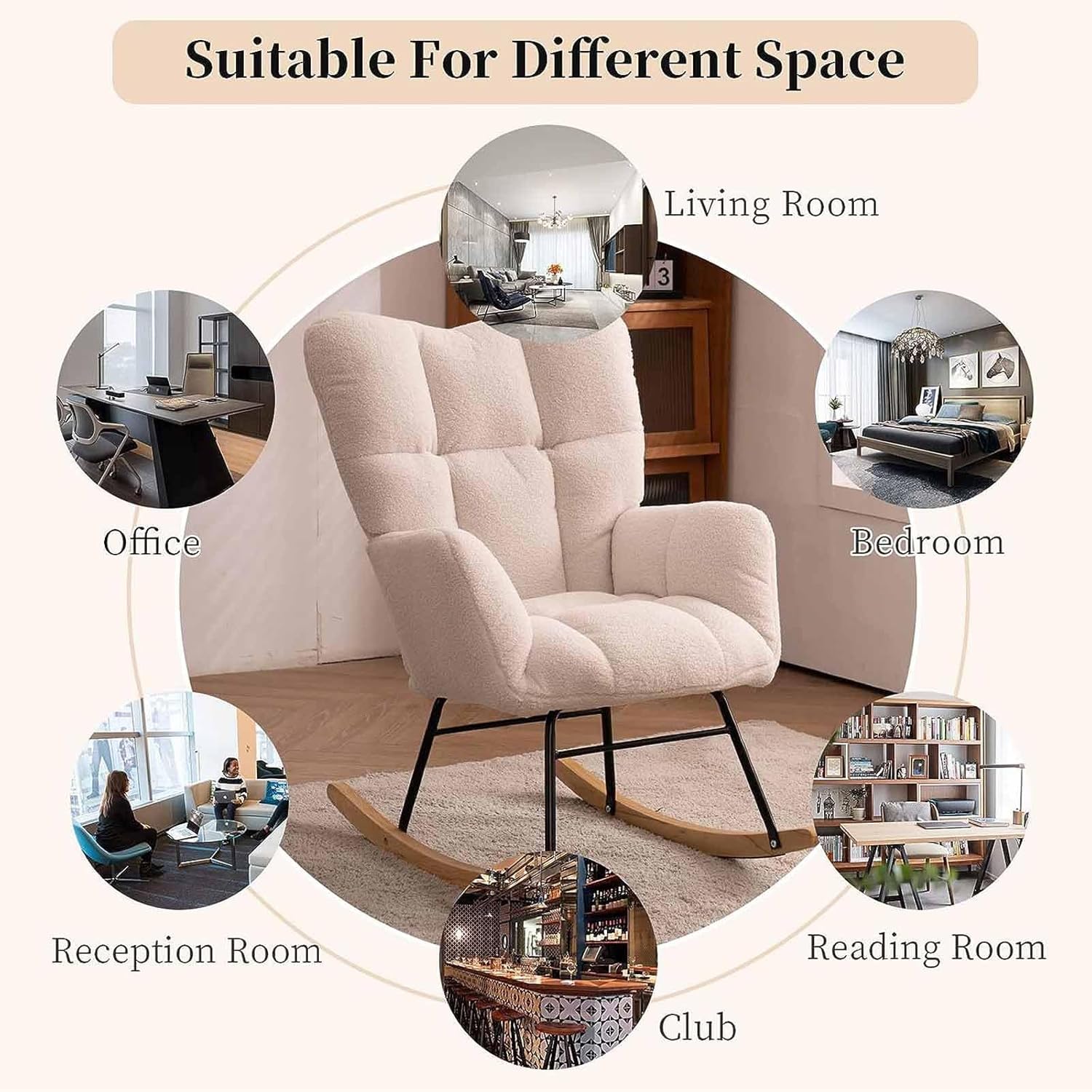 Nursery Rocking Chair Upholstered Glider Rocker Rocking Accent Chair with High Backrest Comfy Armchair with Padded Seat Soft Side Chair for Living Room Bedroom Office White