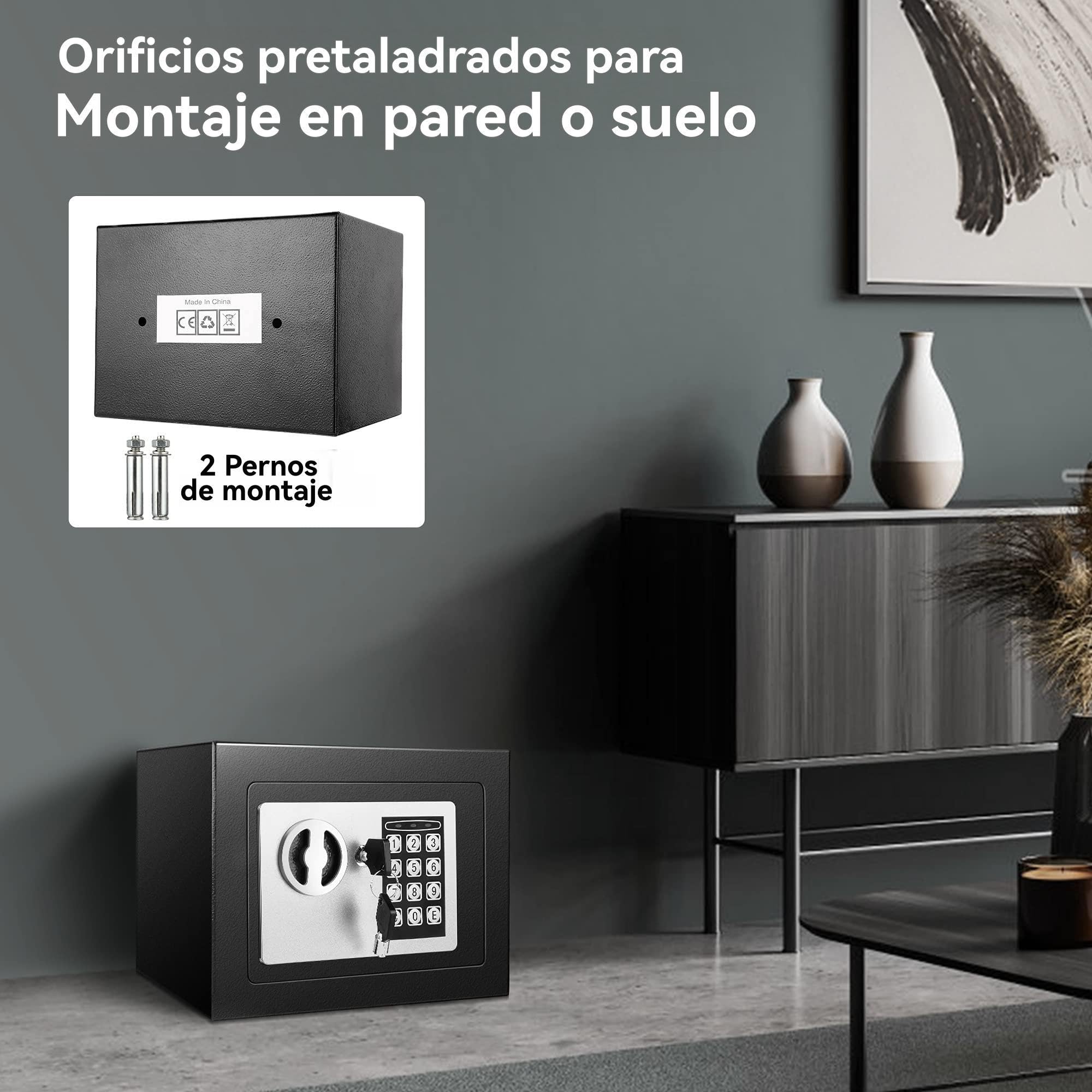 6,5L Caja Fuerte Compacta Ignífuga e Impermeable – Caja de Seguridad Electrónica con Doble Cerrojo de Acero, Revestimiento de Terciopelo y Llaves de Emergencia, 23 x 17 x 17 cm