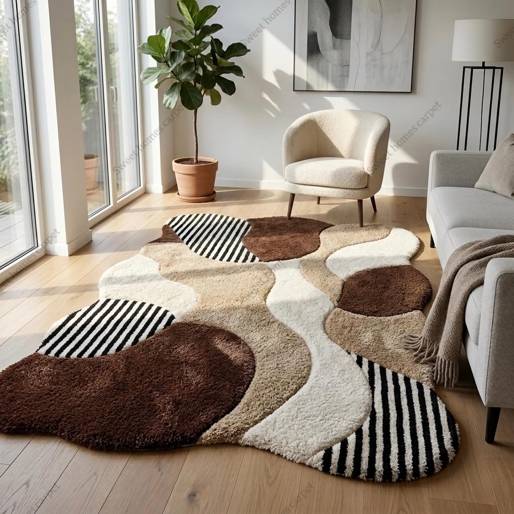 SWEET HOMES Carpet for Living Room | Irregular Handwoven Shaggy Fluffy Area Rug | Modern Abstract Plush Carpet, 4 x 6 Feet (122 x 183 cm), Brown Beige-image-48