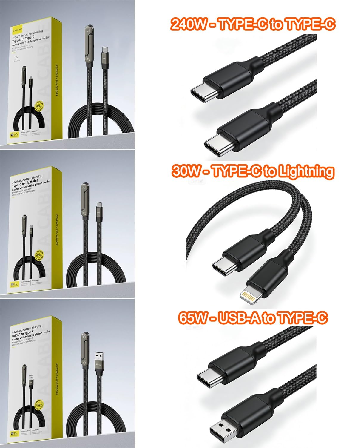 240w Braided Fast Charge Cable with Built-in Phone Stand, 2-in-1 Invisible Holder Charger Cable, Super Fast Stand Data Cables, 5ft Type-C Cables for All Smartphones Gaming Office(TYPE-C to TYPE-C) image 2