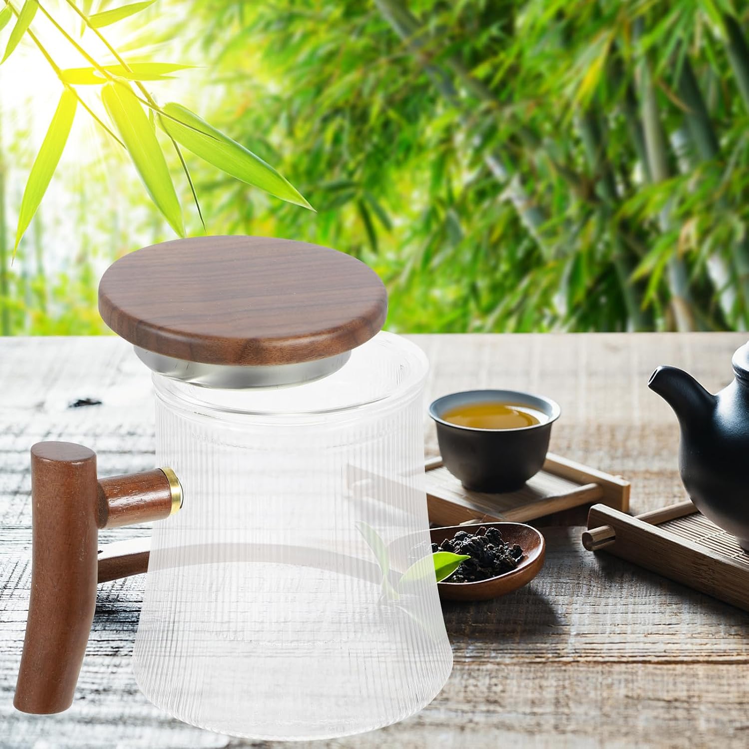 MAGICLULU 500ml Heat Resistant Glass Tea Infuser Cup with Wood Handle and Lid, Vertical Stripes Design, Moderate Capacity for Office and Home Tea Brewing