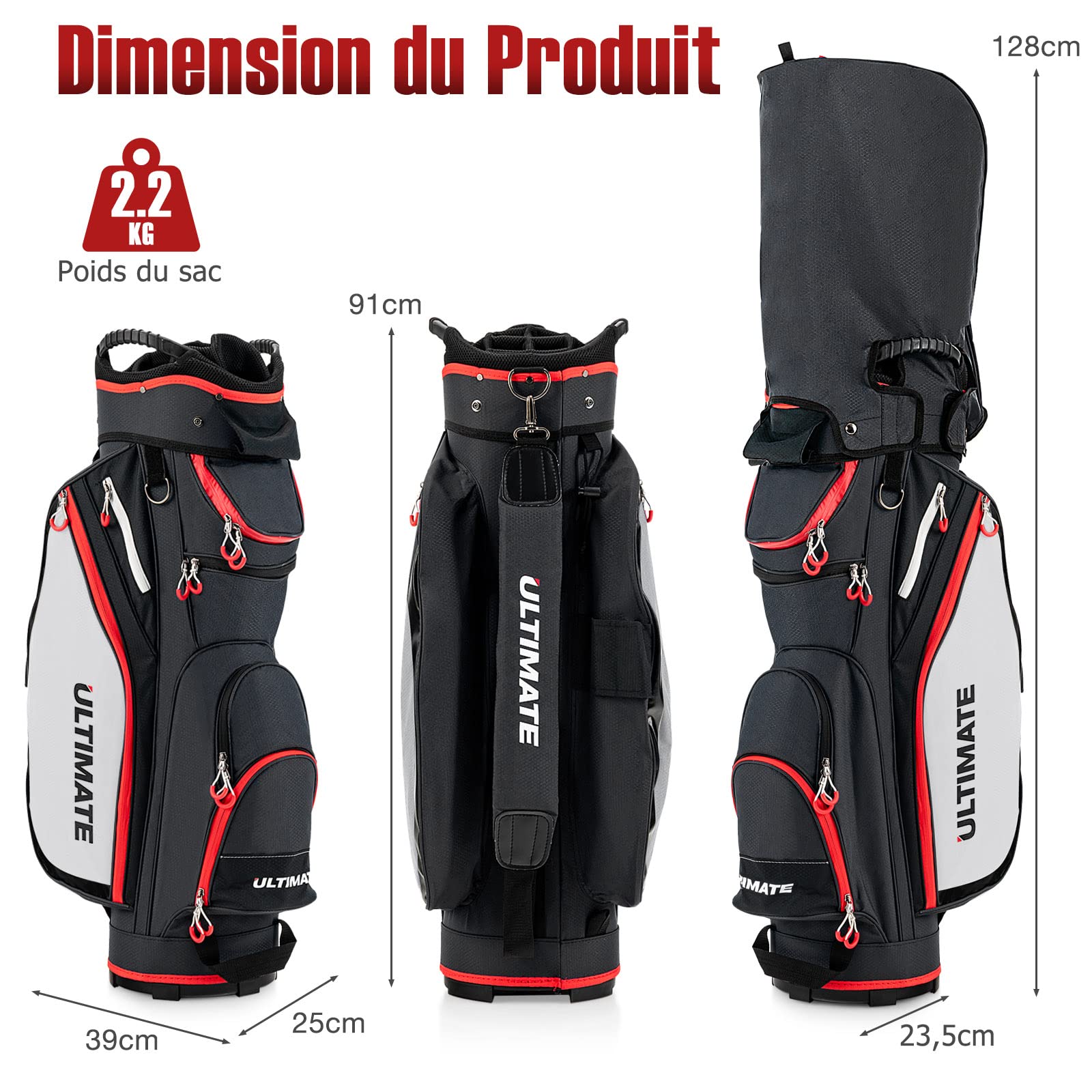 GOPLUS Sac de Chariot de Golf, Sac de Golf léger et Portable avec 14 Compartiments séparés et 8 Poches zippées, y Compris Sac Isotherme et Poches étanches (Noir)