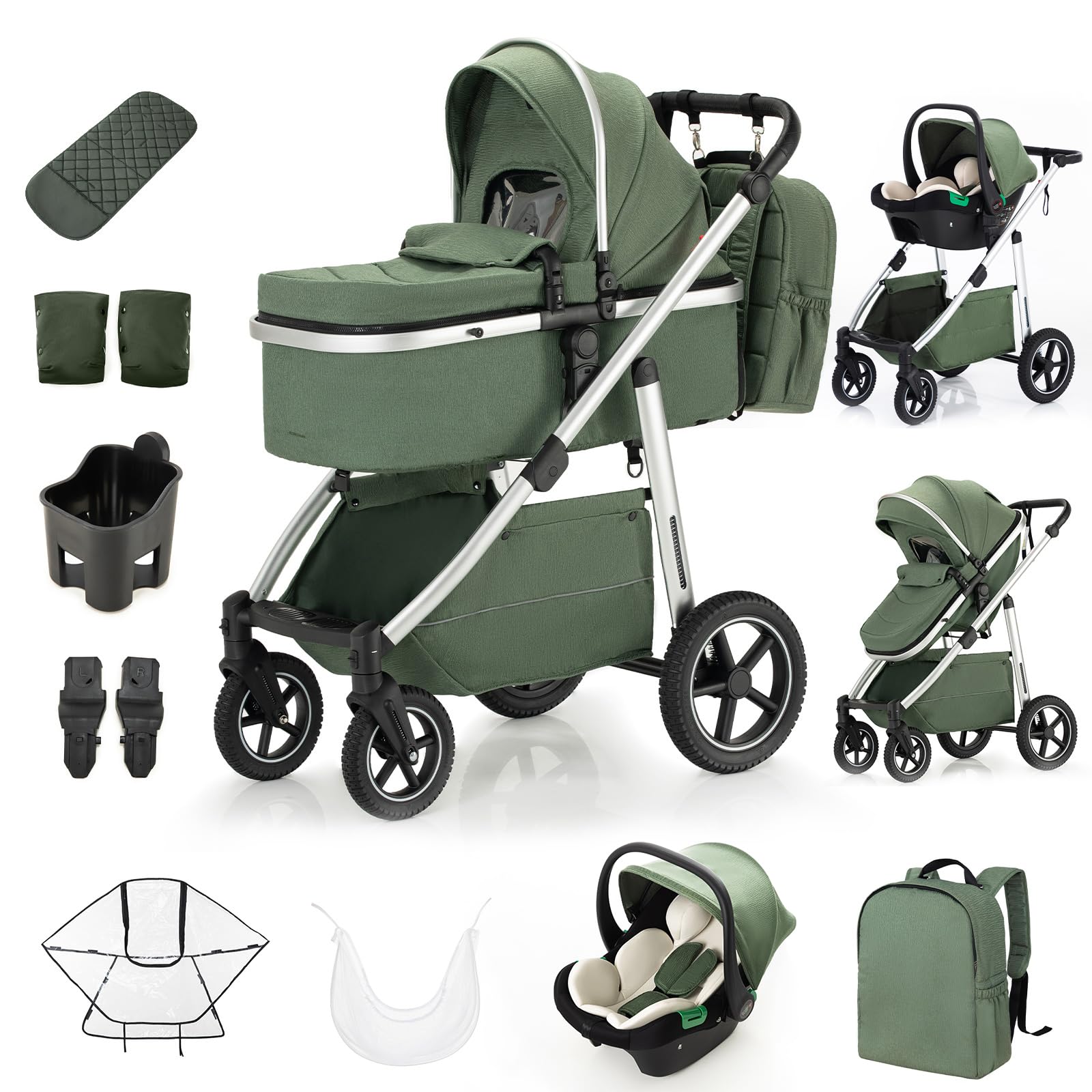 Passeggino 3 in 1 da viaggio, carrozzina e seggiolino auto, telaio in alluminio massiccio, nero