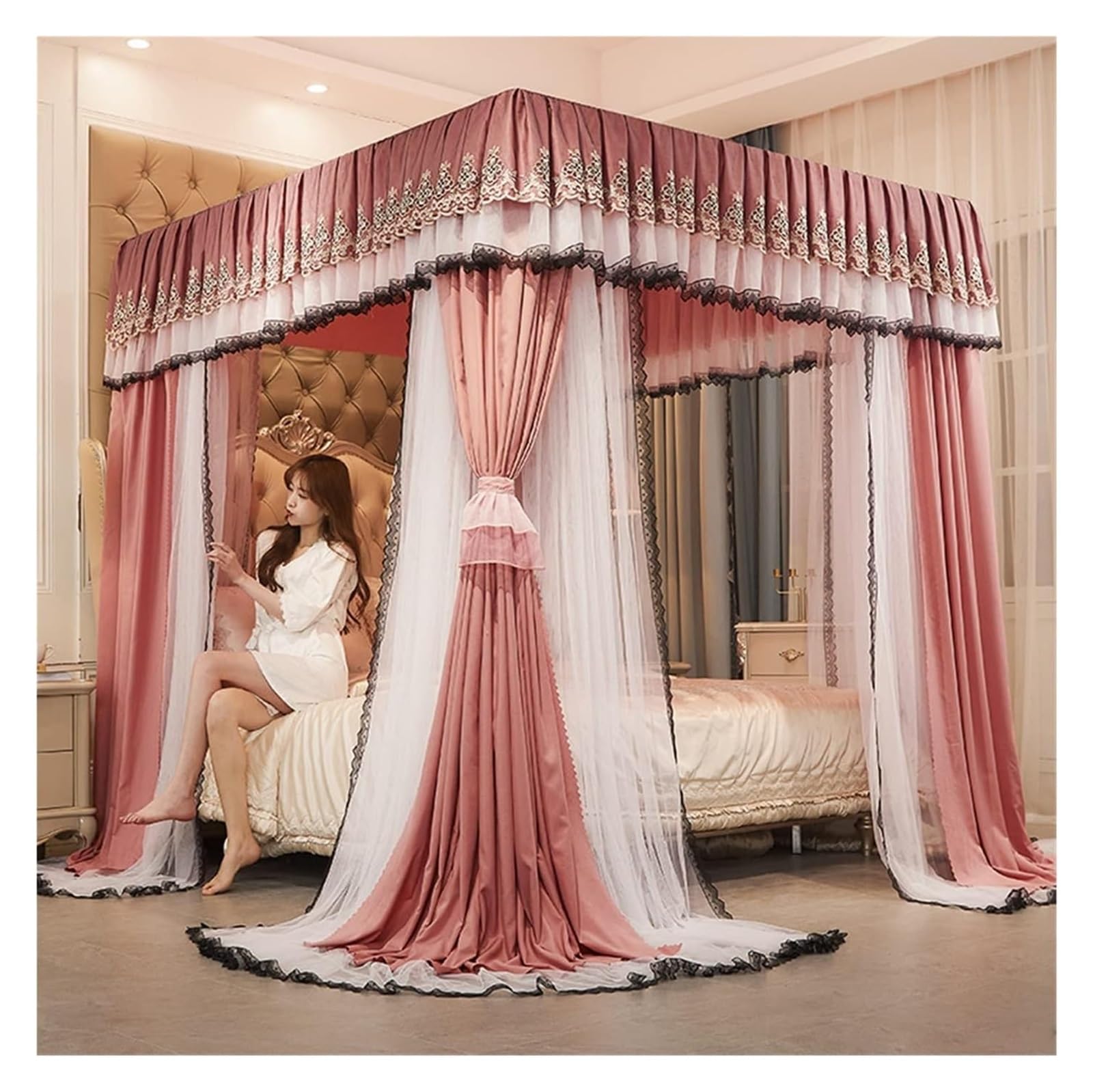 Moskitonetz Bett for Doppelbetten, luxuriöser 4-Pfosten-Betthimmel im Schienenstil, 360° umwickeltes Bettvorhang-Moskitonetz(200x220x210cm)