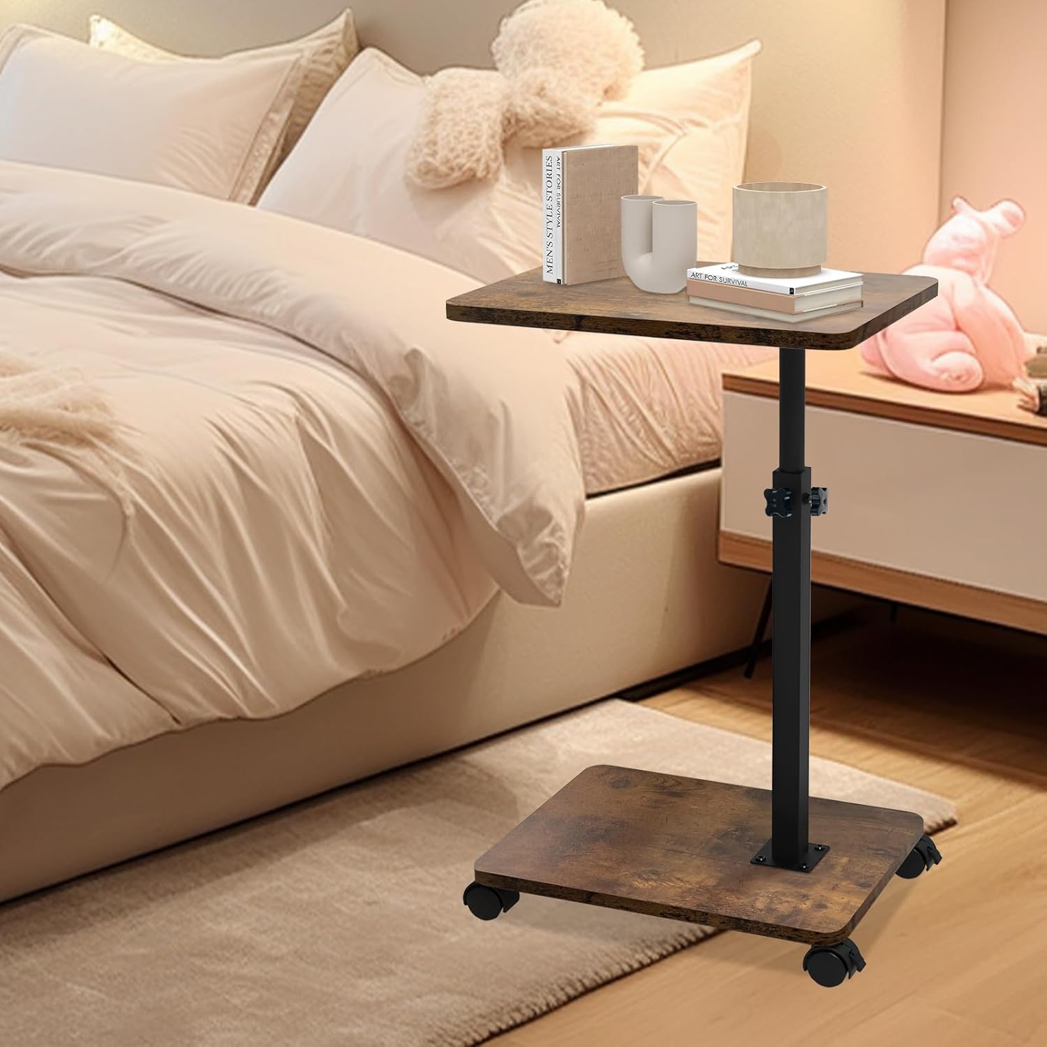 Tavolino a forma di C, in metallo, moderno, regolabile in altezza con ruote, piccolo, laterale, da letto, comodino, per soggiorno, camera da letto, bagno
