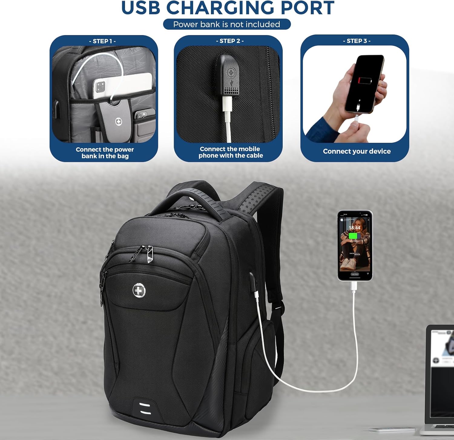 Swissdigital Design Men's Laptop Backpack for College and Business Travel with Integrated USB Charging Port and RFID Protection Fits Laptops up to 15.6 Inch, Black | SD1695-01 - Image 3