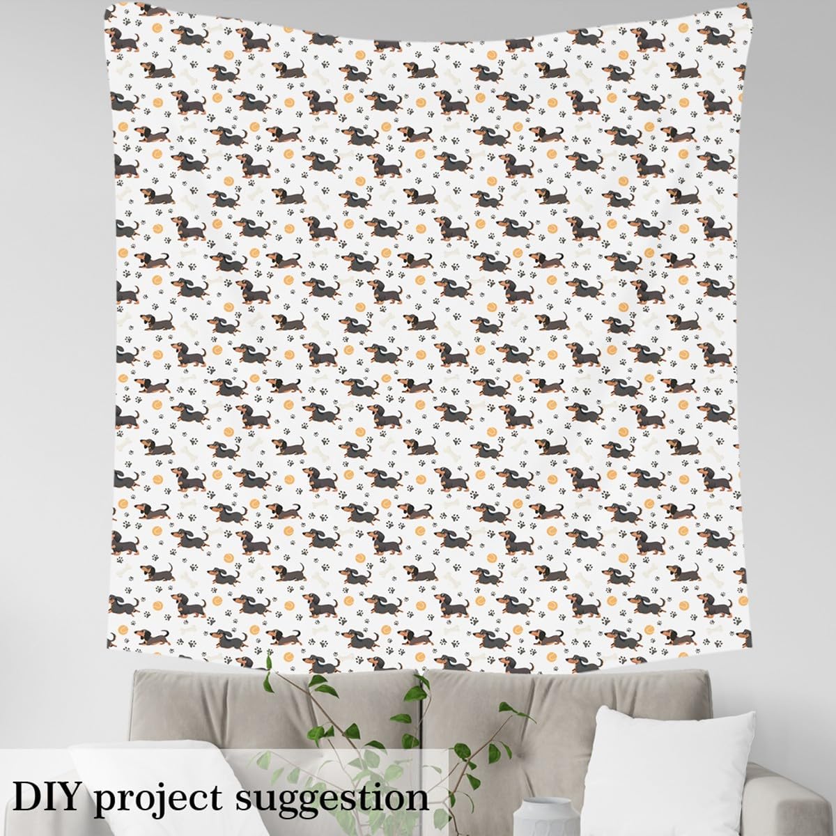 Cute Dachshund Fabric by The Yard Lovely Cartoon Black Dogs No Stretch Fabric Kawaii Paw Print Bone Outdoor Funny Animal Soft Flannel Polyester Fabric for DIY Projects 2 Yard Bolt,72x59