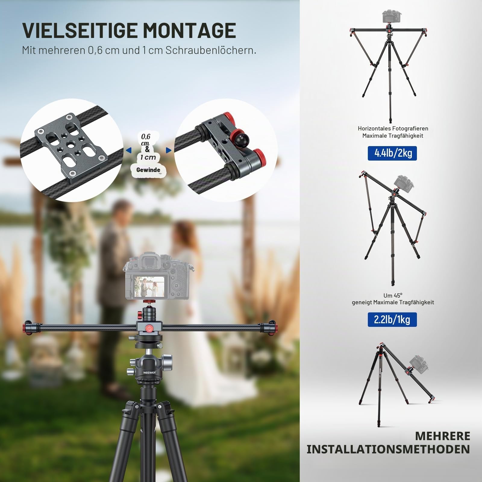NEEWER 60cm Kohlefaser Kamera Slider Dolly Slider Schiene mit 360° Kugelkopf/Handyklemme/Action Kamera Halterung, 4 Lagern und verstellbaren Beinen, kompatibel mit GoPro Insta360 iPhone Android, CS2M