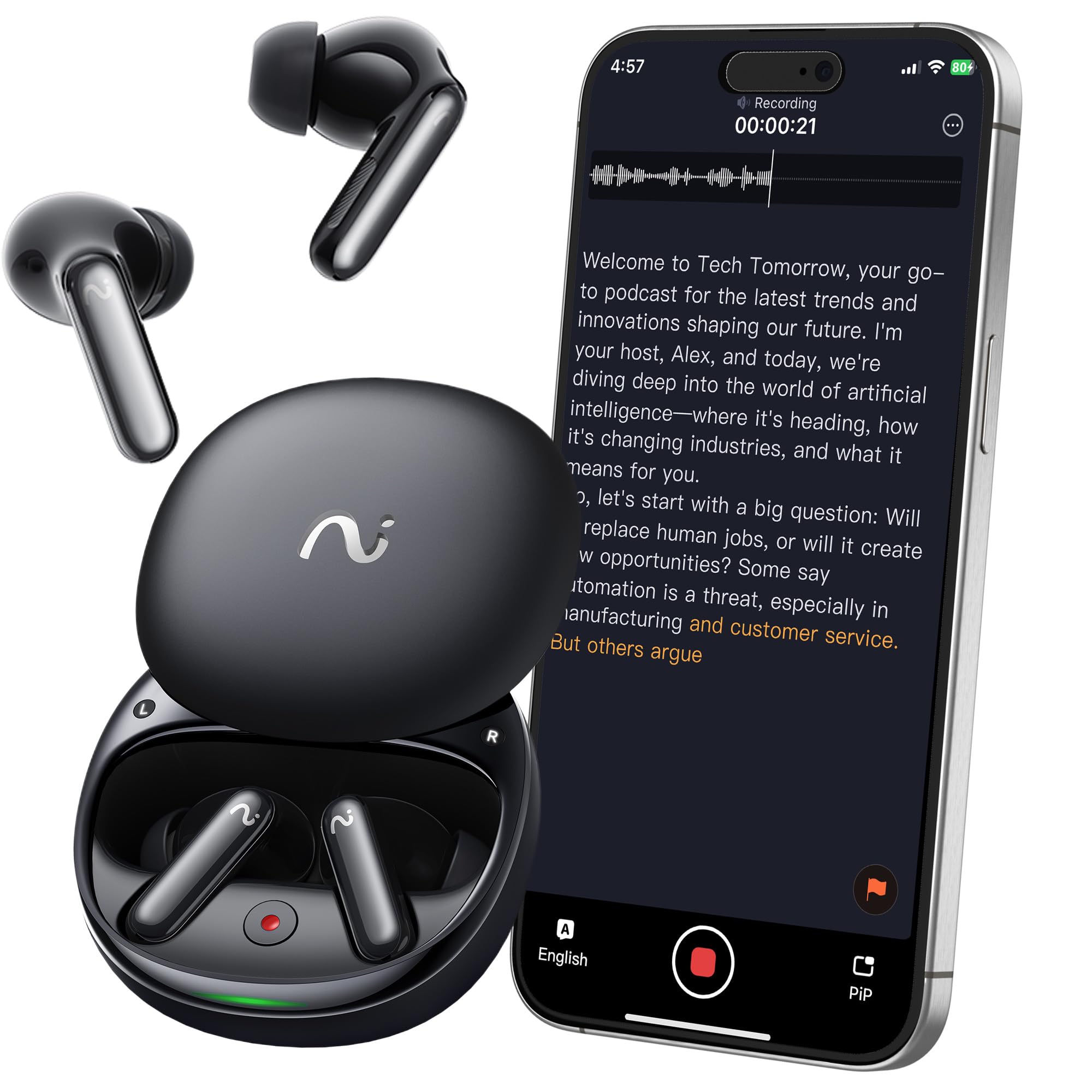 RecDot AI Voice Recorder Earbuds, viaim AI Meeting Assistant with Transcription, 16 Languages, FlashRecord, to-Do Lists & Summaries with viaim AI, 48dB ANC for Meetings, Interviews & Lectures, Black
