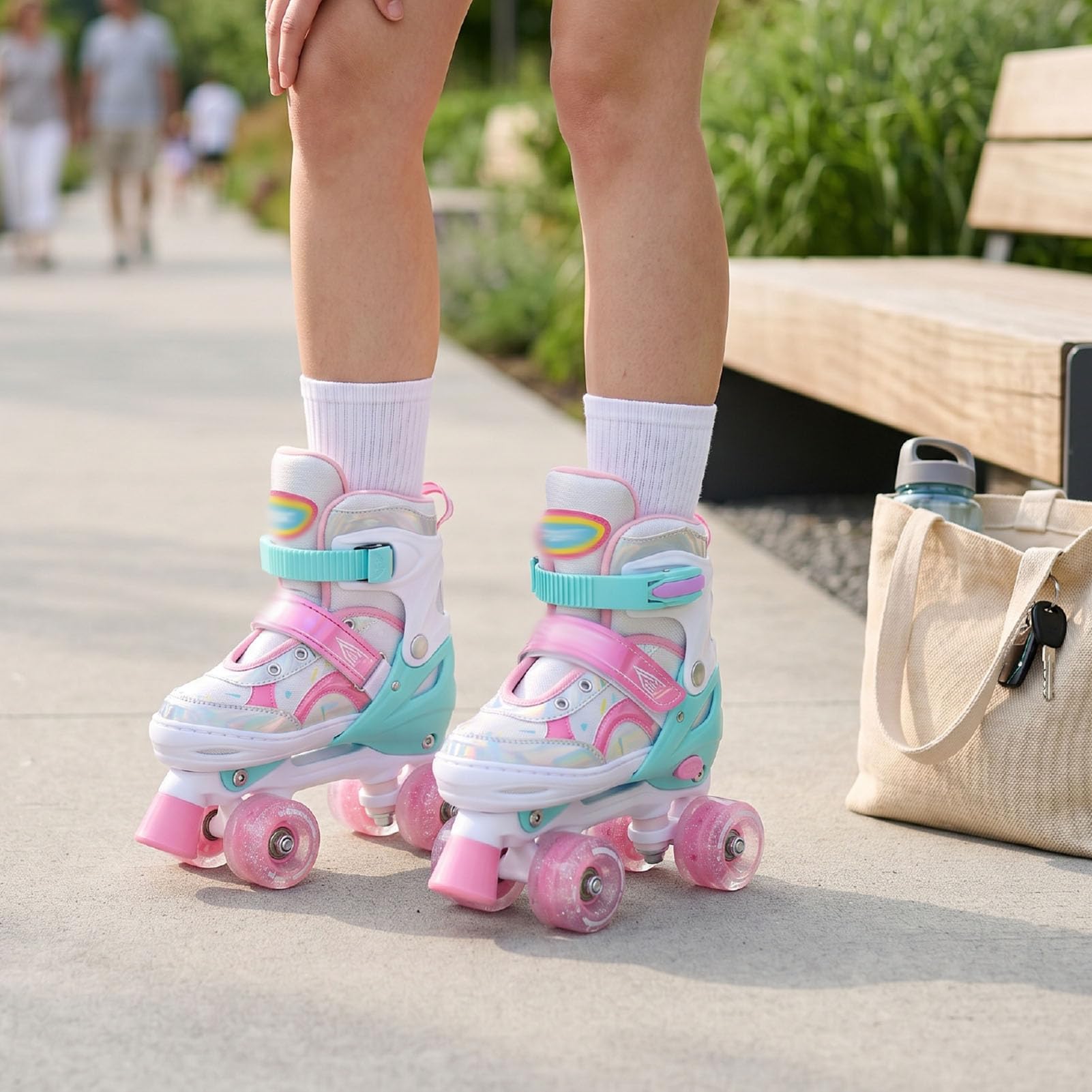 Patines De Ruedas con Iluminación Ajustable Cuádruples Doble Row Correas con Hebilla Cierres Gancho Y Bucle Cordones Antideslizantes con Diseño Cierre Múltiple para Patinar