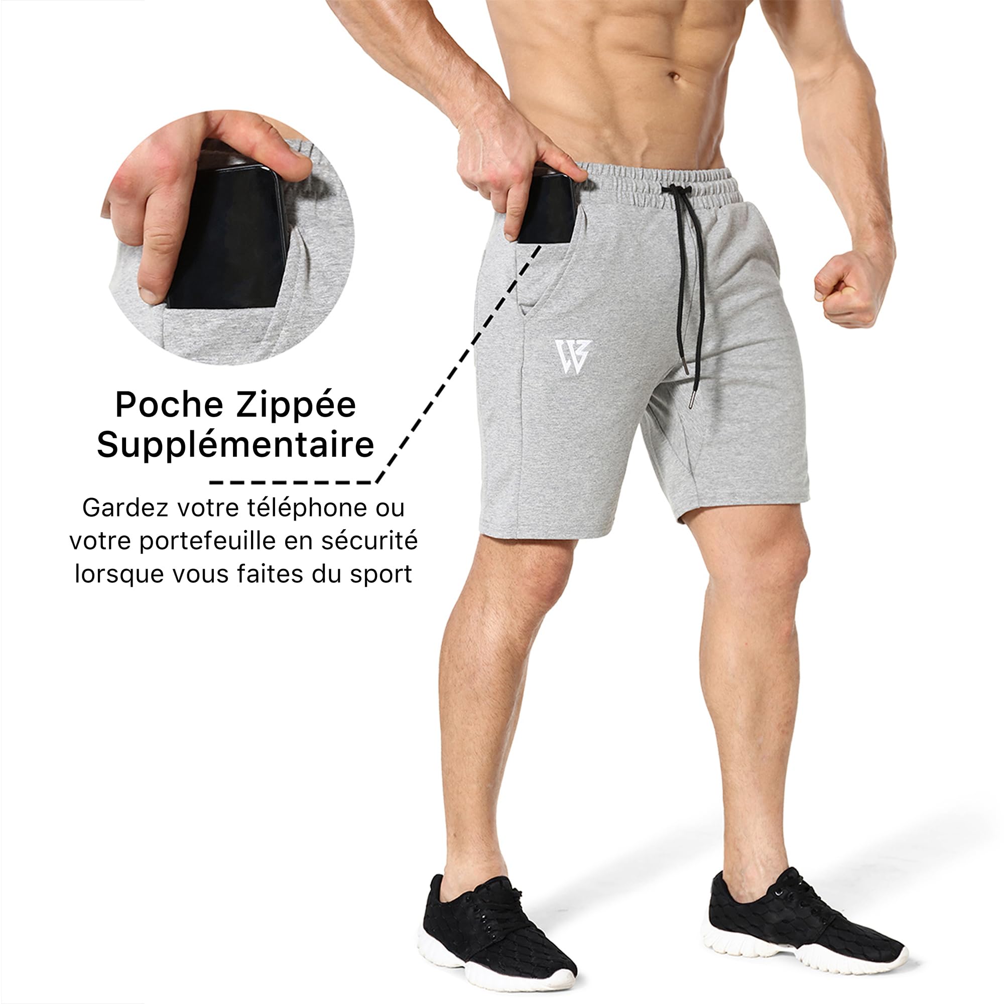 BROKIG Set di 2 pantaloncini sportivi da uomo con tasca con cerniera e pantaloncini da allenamento in cotone, da corsa, traspiranti, da corsa, da uomo