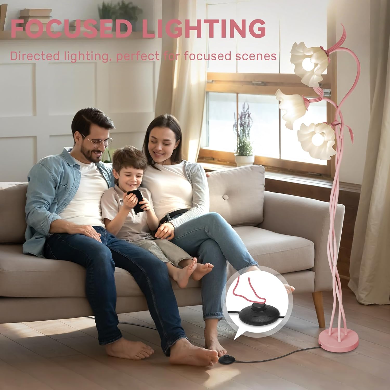 Flower Floor Lamp, 3 Color Modes LED Modern Standing Lamps with 3 Heads Bulb Flexible Neck Shaft Vintage Corner Floor Lamp for Living Room, Bedroom Office Reading Decor (Pink)