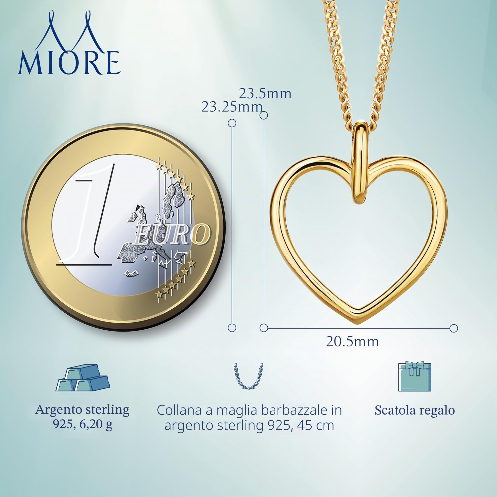 MIORE Collana Donna Argento Placcata Oro 18KT, Catenina con Ciondolo Cuore in Argento Sterling 925. Catena Grumetta Cm 45. Gioiello anallergico.
