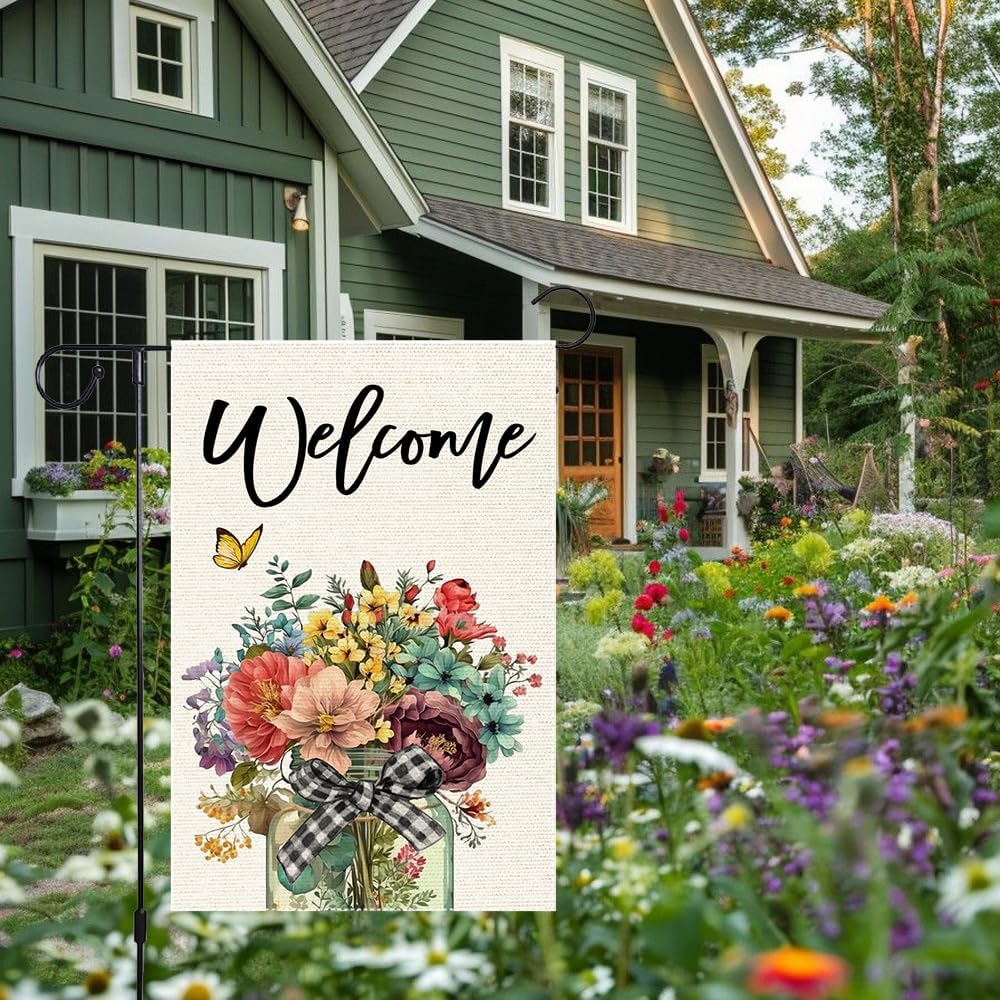 Welcome Spring Summer Floral Garden Flag Mason Jar Flags Buffalo Plaid12x18 Inch Burlap Double Sided Butterfly Colorful Floral Small Lawn Seasonal Rustic Farmhouse Holiday Yard Outside Flag Decorations - Image 8