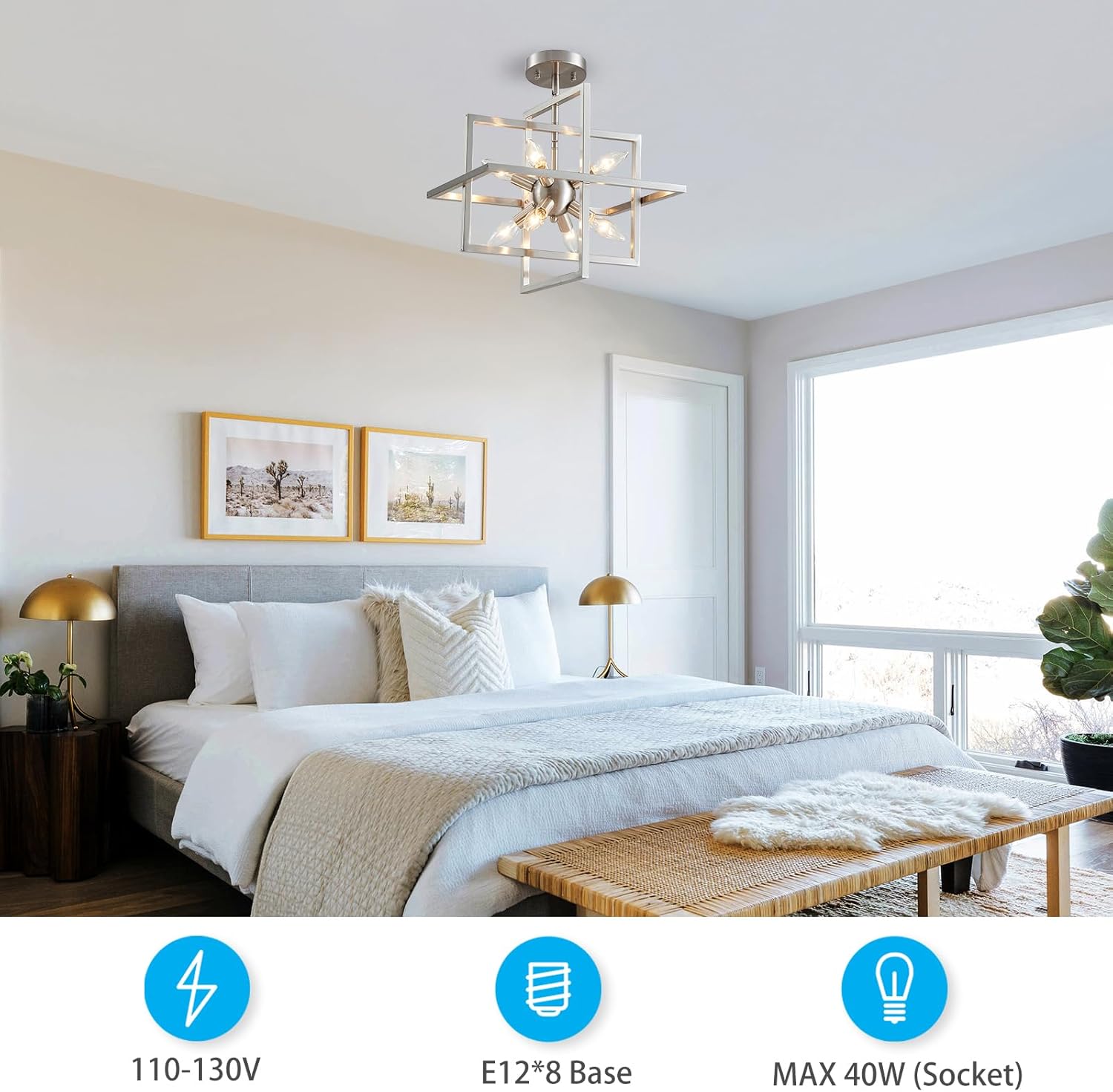 XINGQI Modern Chandelier 8-Light Brushed Nickel Geometric Pendant Lighting Farmhouse Ceiling Light Fixtures for Dining Room Living Room Kitchen Island Bedroom Hallway