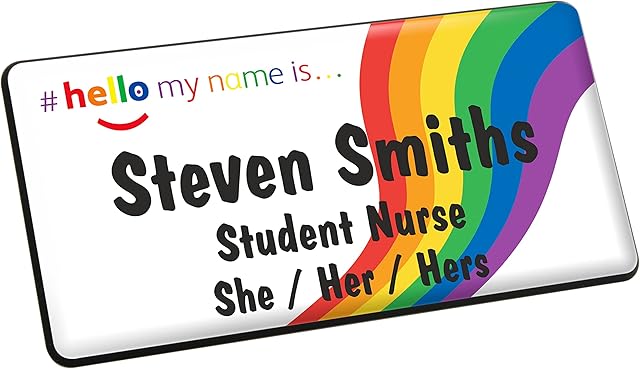 Large Rainbow Flow Hello My Name is with Pronouns Premium Durable Personalised Name Badges Magnet White Black 76 x 38mm Practitioner Doctor GP Clinical Healthcare Student Medical Staff Nurse Assistant