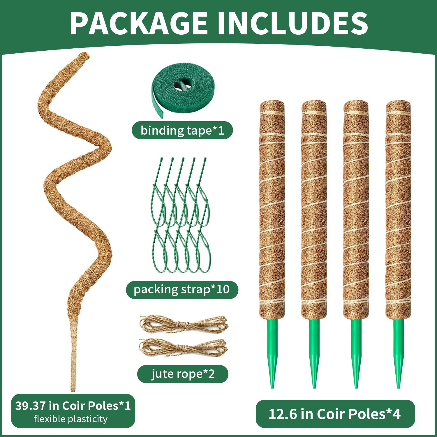 tutores para Plantas,Juego de 4 Postes de Musgo de 32 cm + 1 Poste de Soporte de Musgo Flexible de 100 cm, Postes Apilables para Plantas Trepadoras de Interior, Hiedra y Pothos