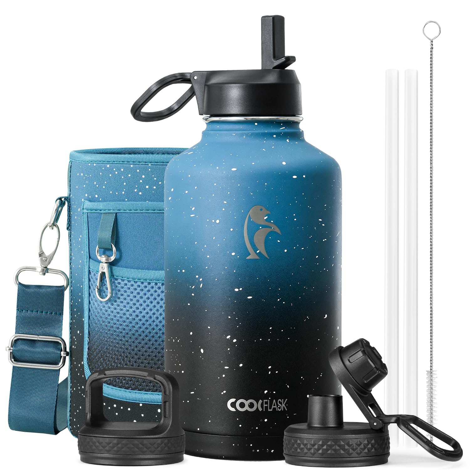 Photo 1 of Coolflask Half Gallon Water Bottle Insulated with Straw & 3 Leakproof Lids