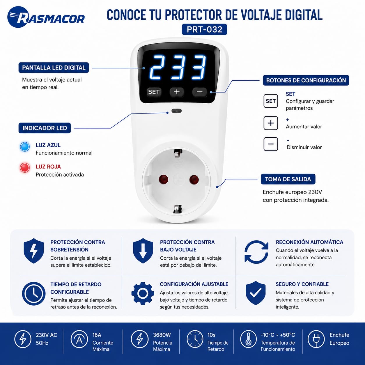 RASMACOR Protector de Voltaje Digital 16A 230V y 3680w con Enchufe | Protección contra Sobretensiones y Bajo Voltaje | Pantalla LED Digital para Electrodomésticos, Aire Acondicionado, Refrigerador