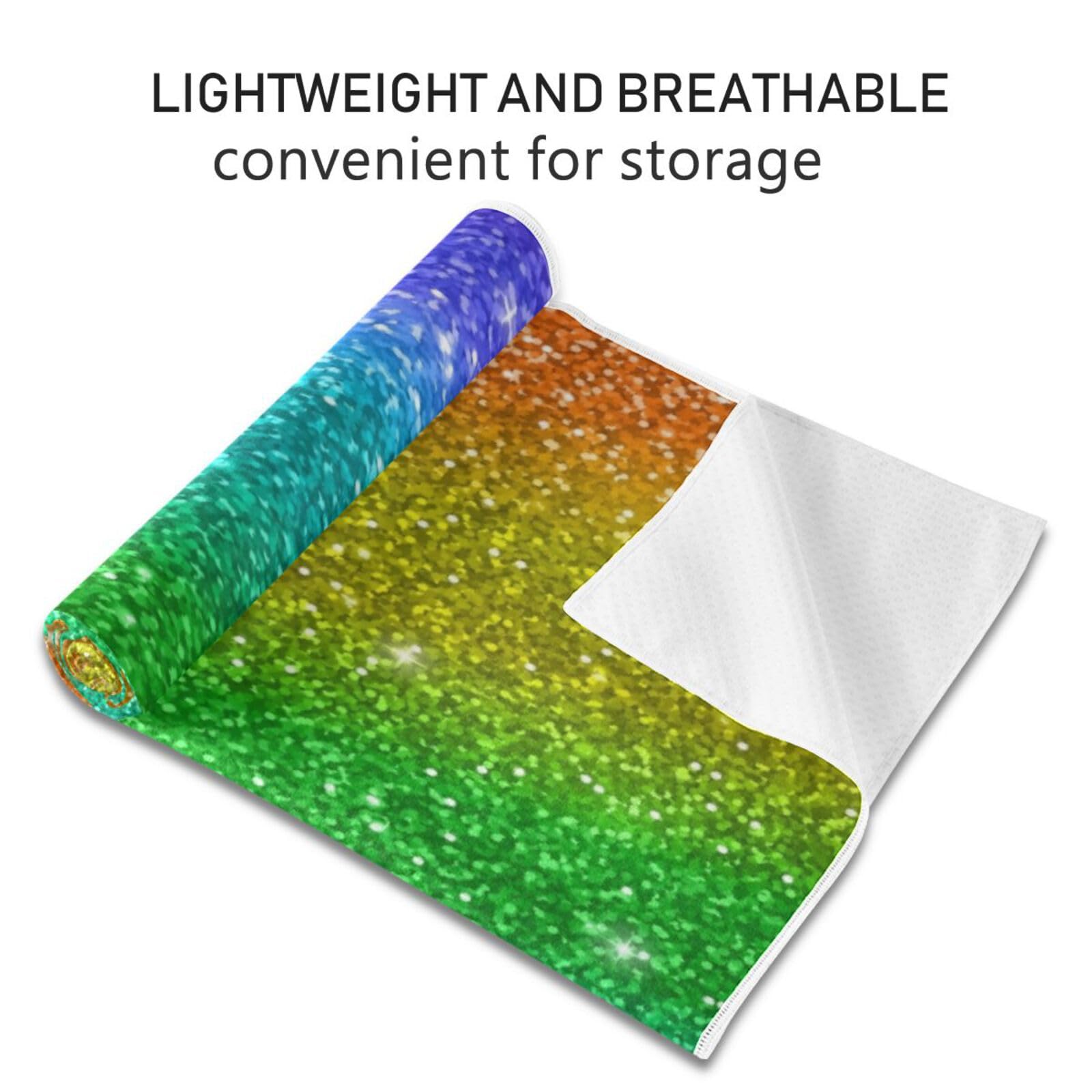 Fygkptb Rainbow Colorful Glitter Multicolor Glitter Texture Yoga Towel Non Slip Yoga Mat Cloth Foldable Yoga Towel Sweat Absorbent Yoga Towel with Storage Mesh Bag 73 x 27 inch