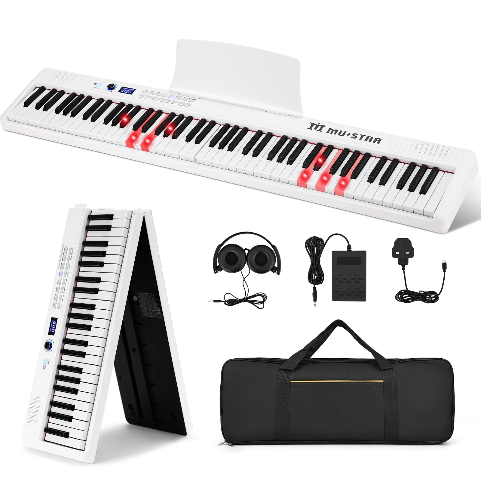 MUSTAR 88 Tasten Faltbares Klavier mit Beleuchteter Tasten, Halbgewichtige Digital Piano, Tragbares E-piano mit Bluetooth, MIDI, Sustain Pedal, Kopfhörer für Anfänger, Weiß