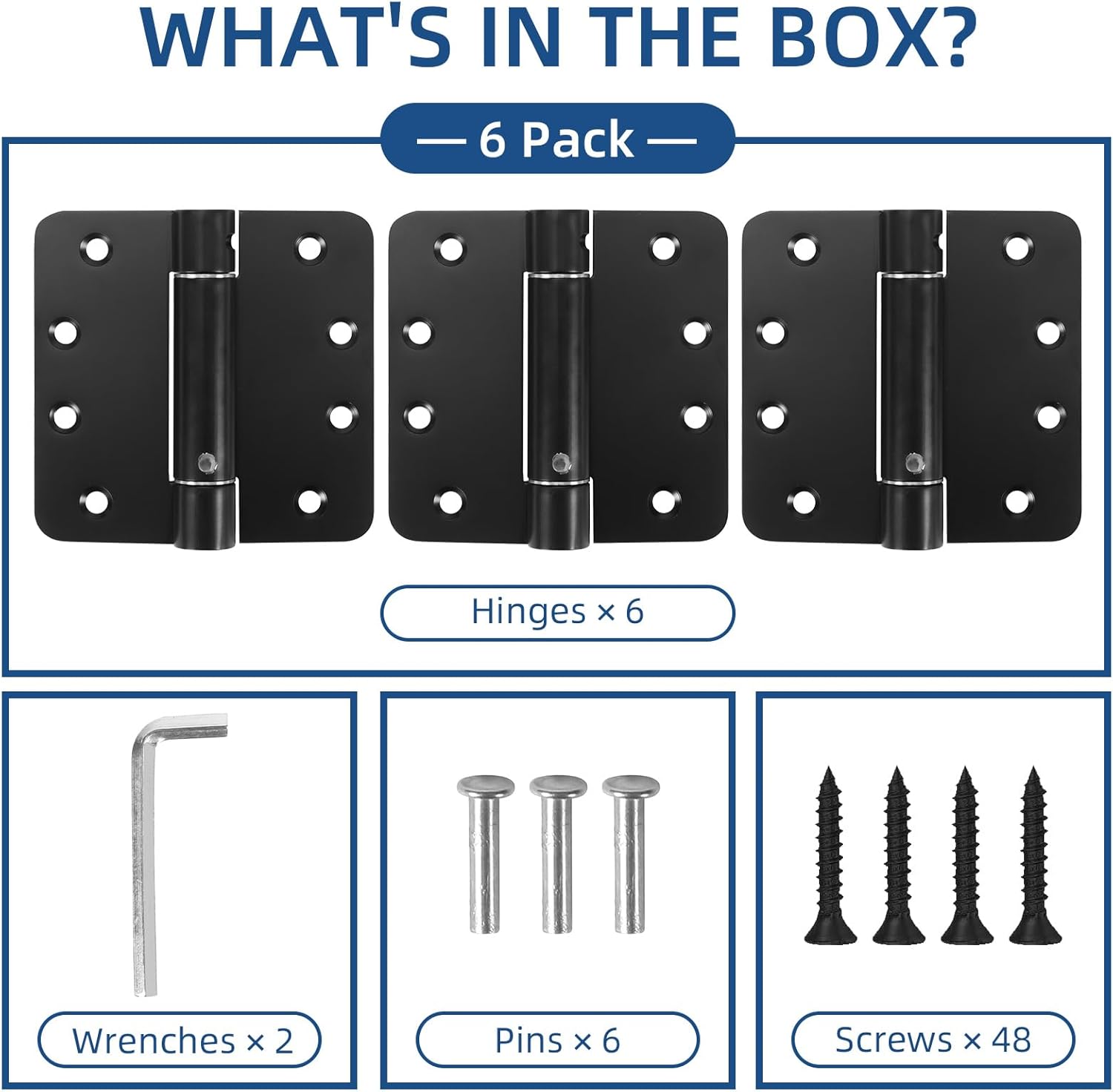 6 Pack Self Closing Door Hinges, 4 Inch Spring Loaded Hinges Adjustable Tension Spring Hinges with 1/4'' Radius Corners, Heavy-Duty Door Hardware for Commercial and Residential Doors, Matte Black